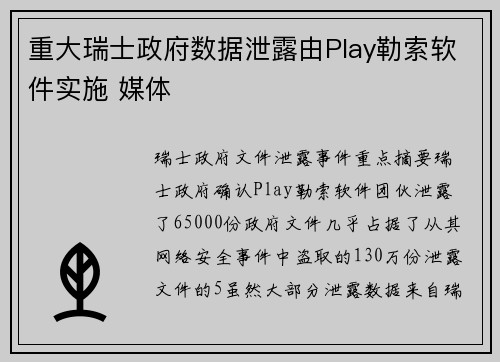 重大瑞士政府数据泄露由Play勒索软件实施 媒体